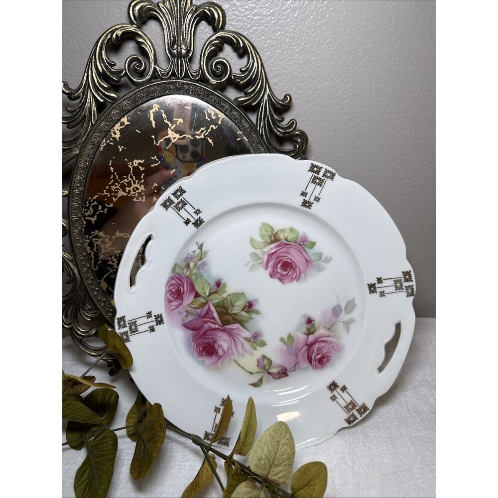VTG Bavaria Schwarzenhammer Rose Handled Porcelain Serving Plate Gold Detail